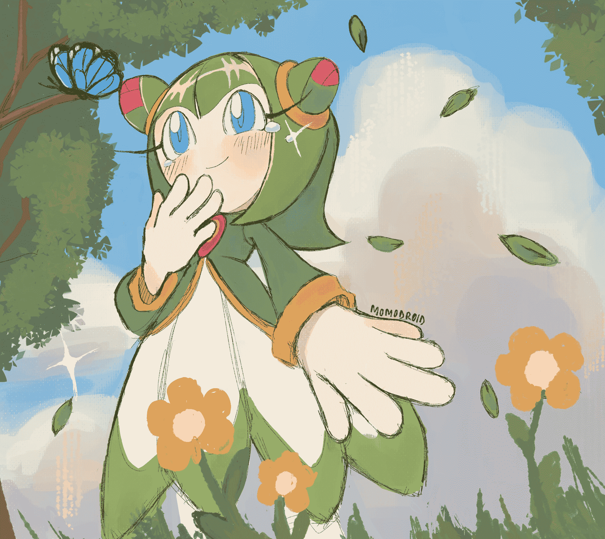 Maybe in another life, Cosmo from Sonic X standing under a blue sky next to a tree with a butterfly on it. She has a tear in her eye.