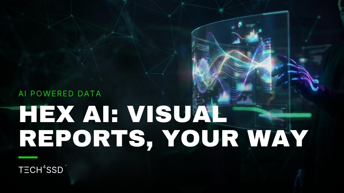 A futuristic data dashboard with dynamic, colorful charts and graphs, some elements highlighted as if being adjusted by a human hand interacting with a glowing AI interface, representing Hex Data Workspace AI Agents.