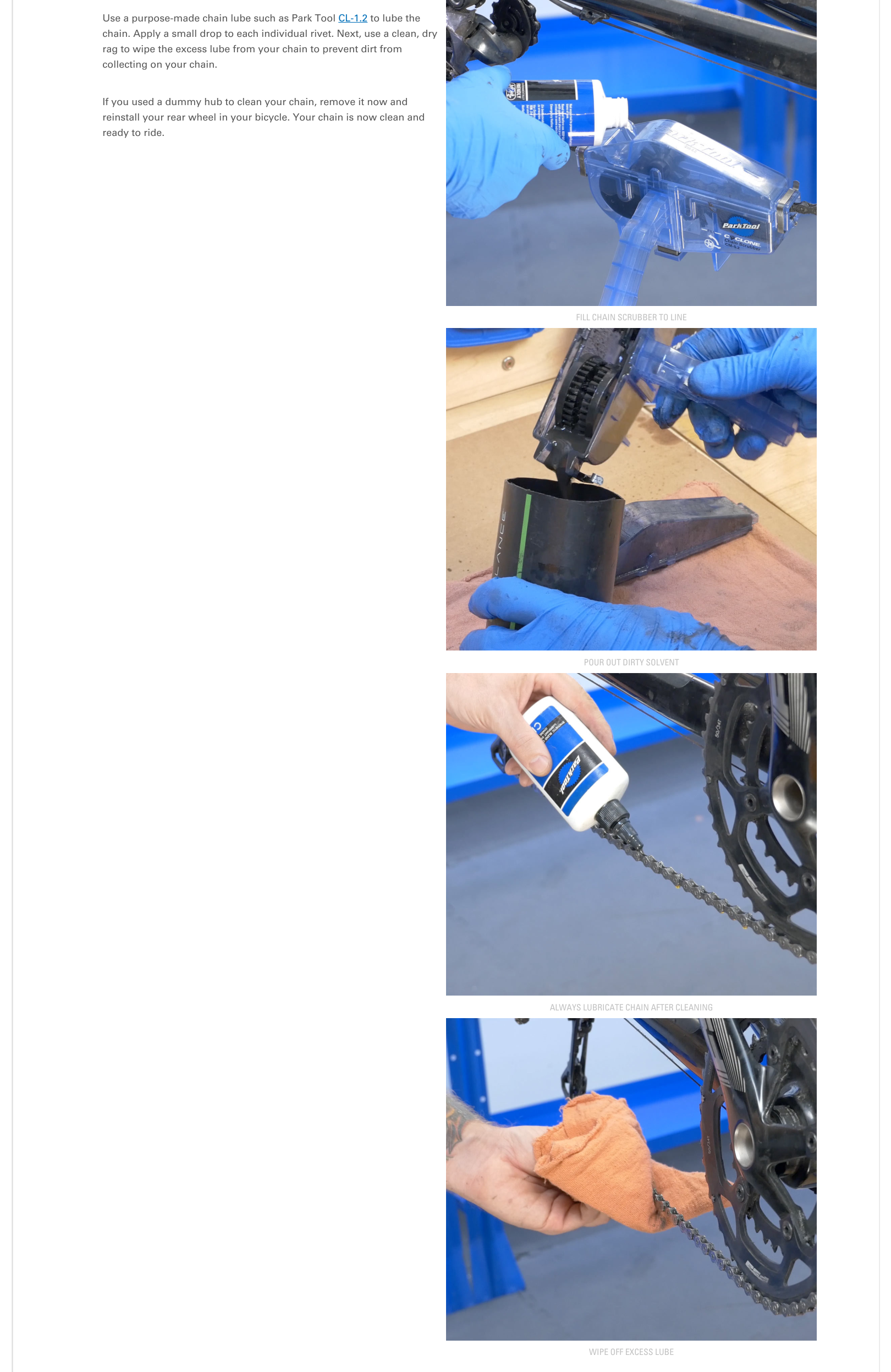 먼지가 달라붙는 것을 줄이기 위해 잉여 윤활유를 닦도록 설명한 Park Tool 공식 안내