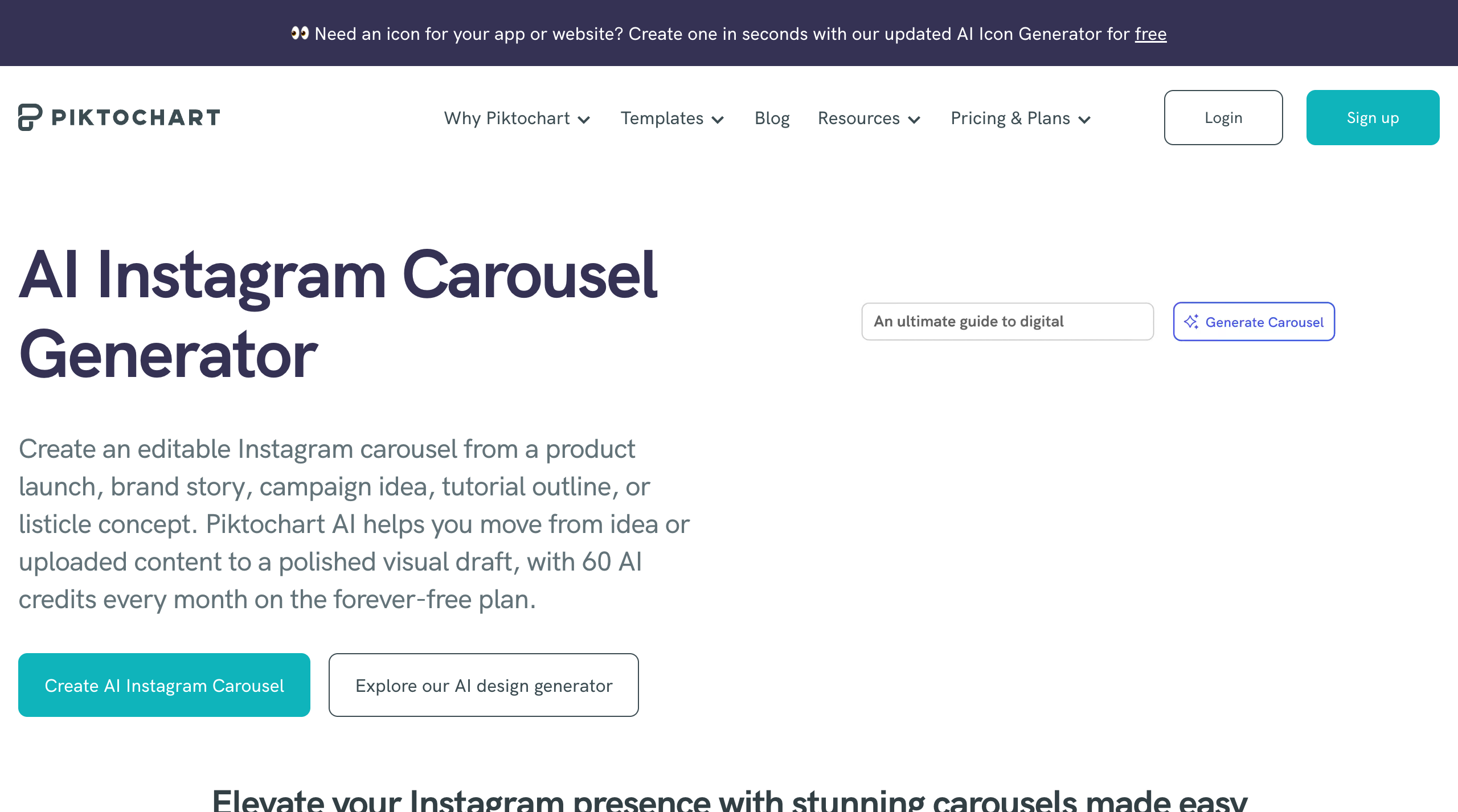 Piktochart AI Instagram Carousel Generator page describing how it creates an editable Instagram carousel from a product launch, brand story, or tutorial outline