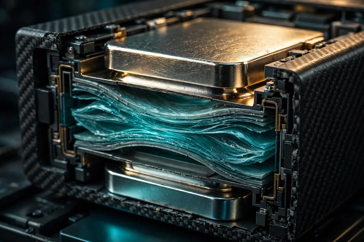 Cutaway of a solid-state battery cell with layered electrolyte