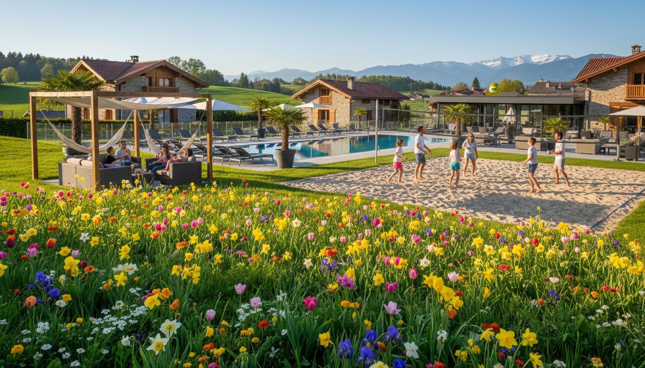 Famille profitant de vacances de printemps dans un village club en montagne
