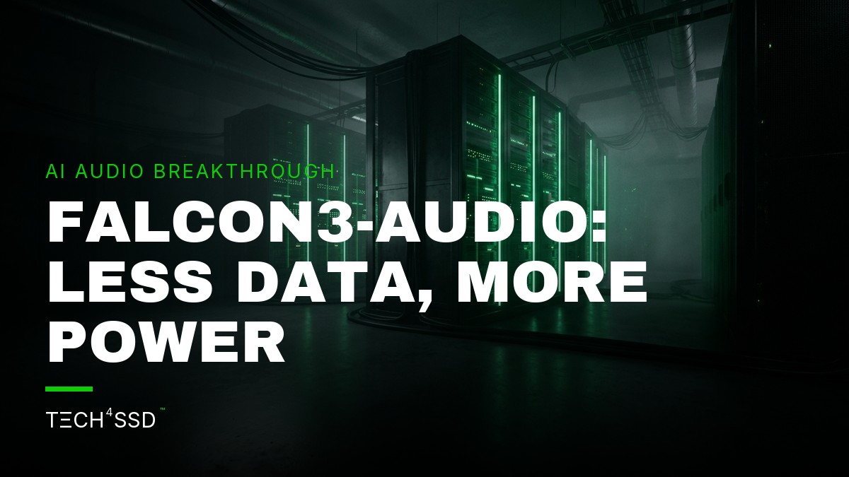 Stylized sound waves flowing into a simplified, glowing neural network representing Falcon3-Audio's efficient processing.
