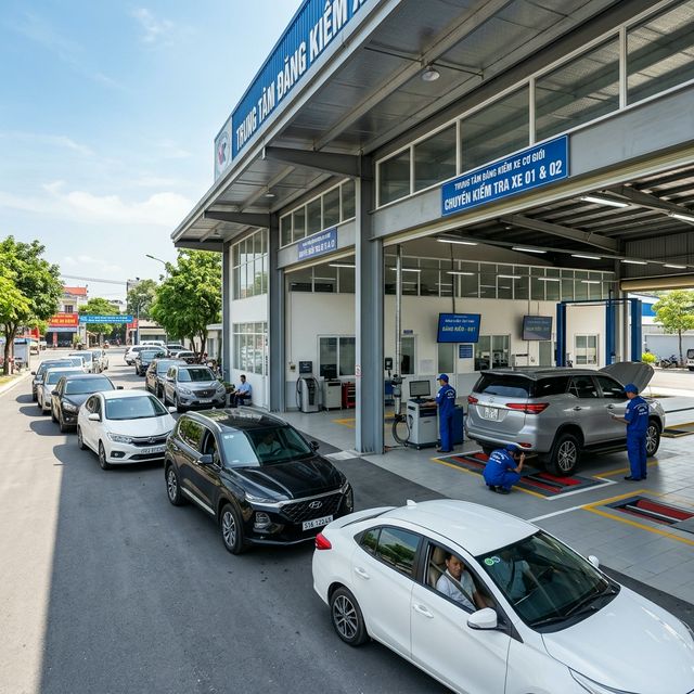 Hình ảnh các phương tiện xếp hàng chờ kiểm định tại một trạm đăng kiểm xe cơ giới ở Hà Nội