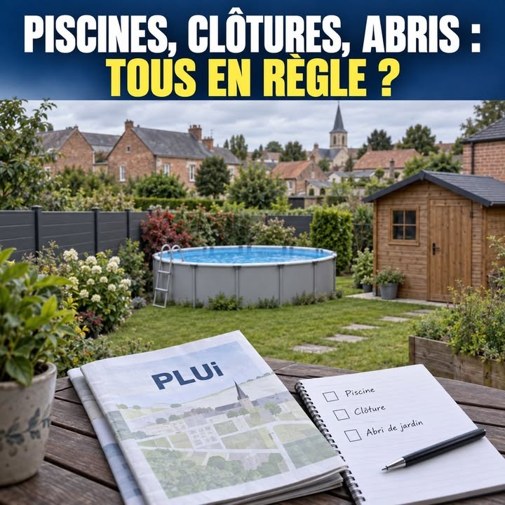 Un jardin avec piscine, clôture et cabane, vu depuis une table portant un document PLUi et une liste à cocher.