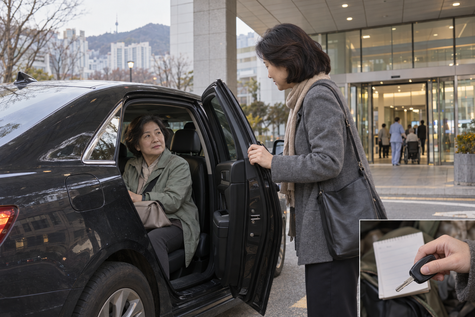 수면내시경 당일 직접 운전하지 않고 보호자와 귀가하는 설명용 장면