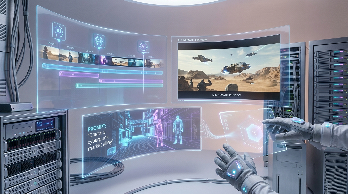 Screenshot of DaVinci Resolve 21 interface with AI-powered features highlighted, showing a user interacting with advanced AI video editing tools.