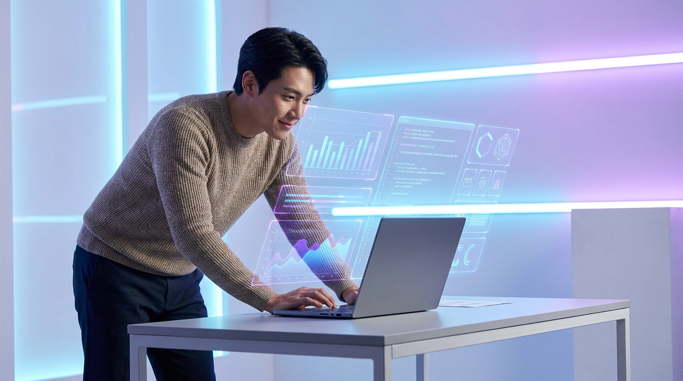 Creator using an AI research assistant on a laptop, surrounded by holographic data visualizations, symbolizing effortless data analysis for small businesses and creators.