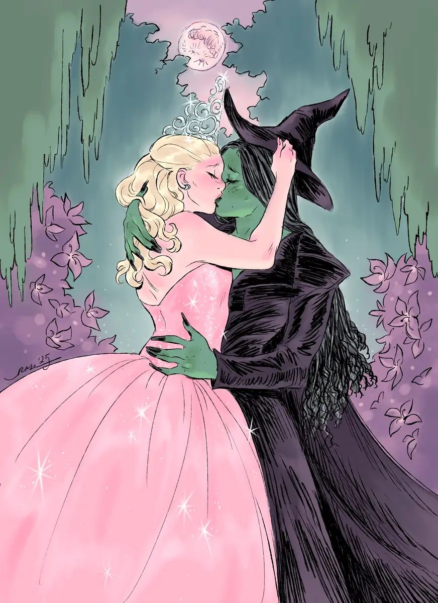 Digital drawing of Glinda and Elphaba from Wicked, locked in a passionate kiss and standing in the woods among purple flowers.