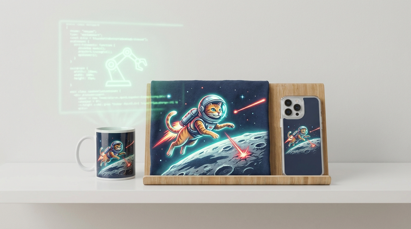 AI-generated retro-futuristic space cat design on a t-shirt, mug, and phone case, illustrating niche AI-powered print-on-demand products.