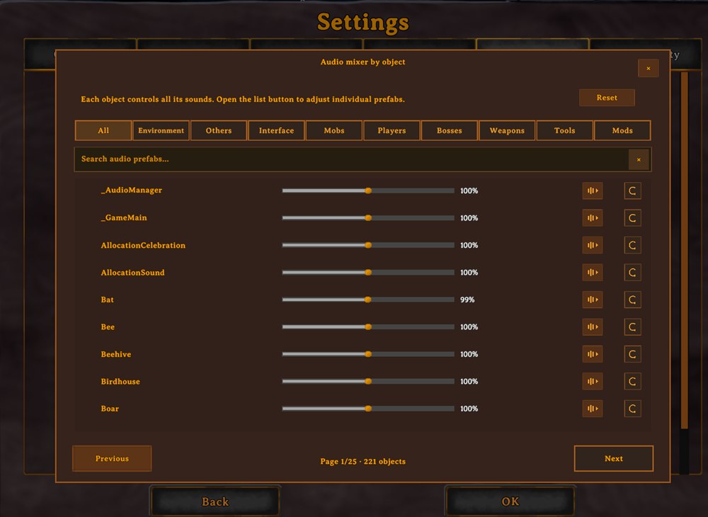 Per-object mixer with searchable audio object list