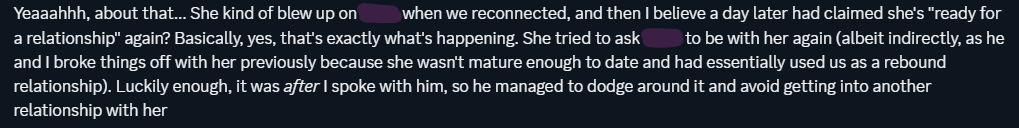 a statement from victim recalling that melody had blown up on another victim simply because they were talking to each other, and then proceeded to try and trap that victim into getting into a relationship so she had full control over them again