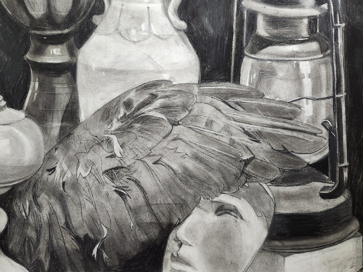 charcoal still life, for college art class, April 2023