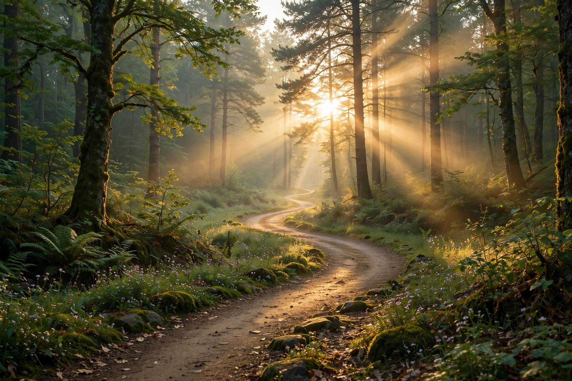 Mindful morning walk on a sunlit nature path — lifestyle wellness habit