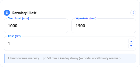 Krok 2: szerokość, wysokość i ilość w kalkulatorze